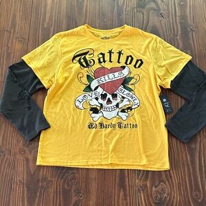 Ed Hardy LKS skull hang down thermal tee Yellow and Black Tattoo Graphic Shirt
